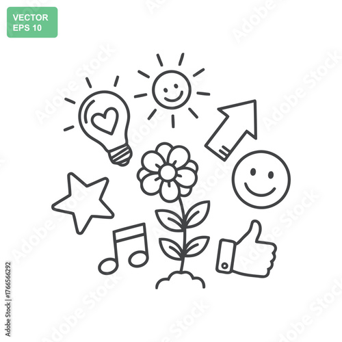 Collection of hand drawn doodle icons representing positive ideas and growth