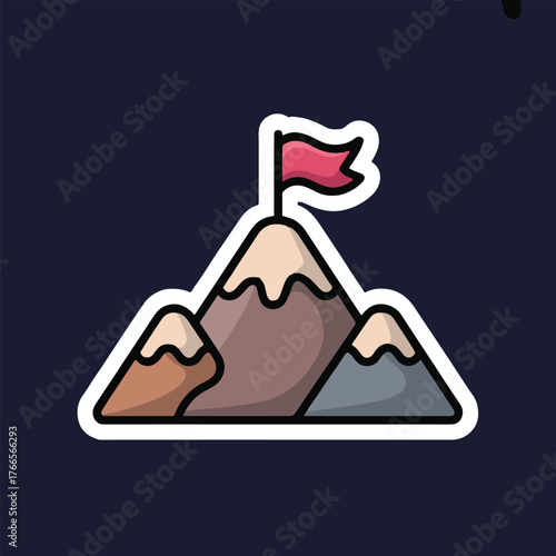 Cartoon illustration of three mountains with a red flag on the highest peak against dark background