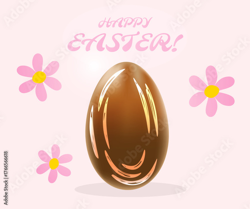 Happy Easter banner with chocolate egg and flowers. Vector illustration