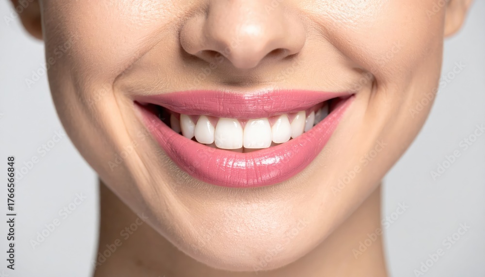 Fototapeta premium Close Up of Woman’s Pink Smiling Lips with Beauty Makeup