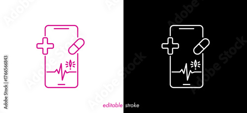 Mobile phone with medical cardiogram, medicines, medical cross, app notification. Health care editable stroke icon illustration to use for medical emergency, medical care projects.