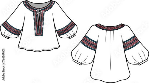 Traditional Ukrainian Vyshyvanka Blouse Technical Flat Sketch Vector Illustration Folk Embroidery Detail Puff Sleeves Apparel Template Design Front Back.