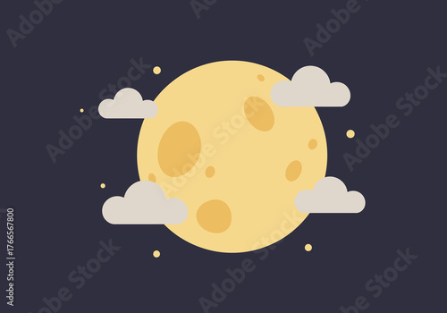 A radiant full moon illustration for a magical Halloween night concept, peeking through soft clouds and twinkling stars in a dark sky, perfect for enchanting seasonal art