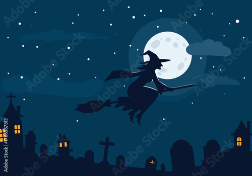 Witch's flight unveils the natal enchantment of Halloween, soaring under a full moon above a haunted graveyard, symbolizing inherent spooky joy