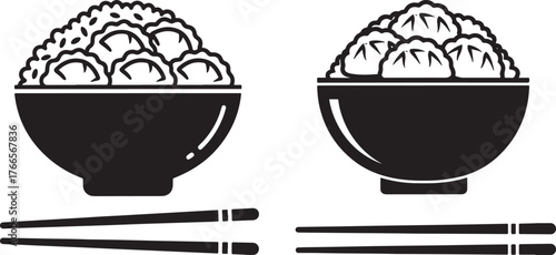 Two bowls of rice with chopsticks silhouette