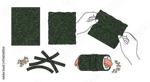 Hands Preparing Sushi Roll with Seaweed Sheets and Ingredients.