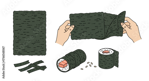 Hands Preparing Sushi Rolls With Seaweed Sheets.