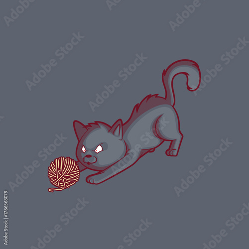 Black Cat in Attack Pose with Yarn Ball vector illustration. Animal, scary vector illustration.
