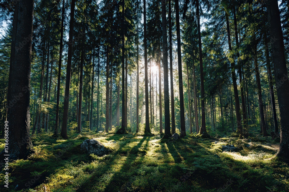 Fototapeta premium Sunlight Streaming Through Tall Green Trees Creating Shadows on Forest Floor in a Lush Woodland Setting Featuring Dense Vegetation and Tranquil Atmosphere