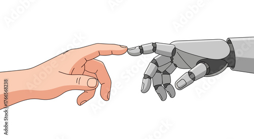 Human Hand Reaching Out to Robot Hand Touching Fingers.