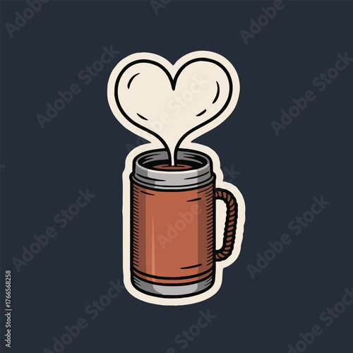 Illustration of a brown mug with a rope handle and a heart shaped steam on a dark blue background