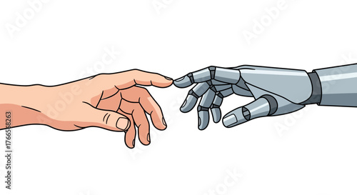 Human Hand Reaching Out to Robotic Hand Illustration.
