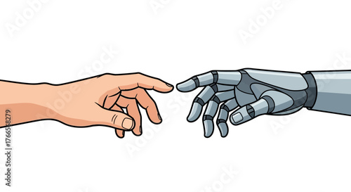 Human Hand Reaching Out To Robotic Hand Illustration.