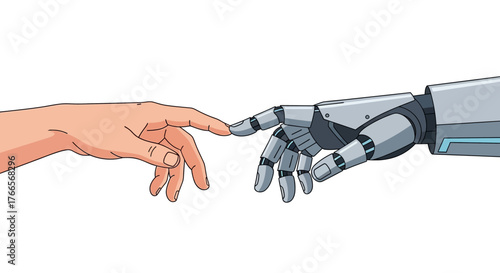 Human Hand Reaching Out to Robotic Hand Touching Fingers.