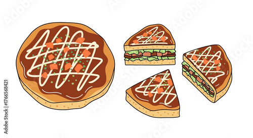 Illustration of round cake with slices and icing drizzle.