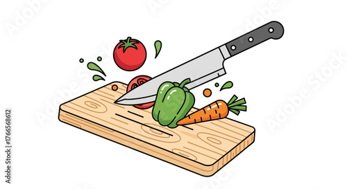 Knife Cutting Fresh Vegetables on Wooden Board.