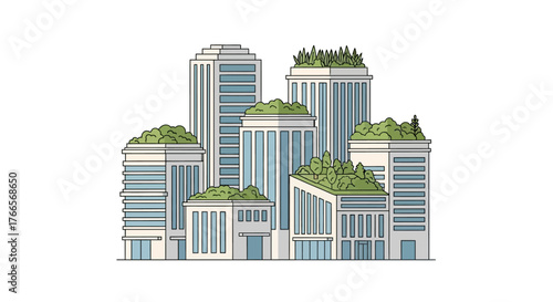Modern Eco Friendly Urban Buildings with Green Roofs.