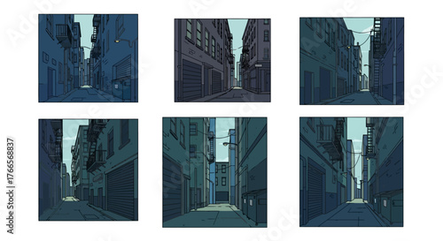 Narrow urban alleyway between tall buildings.