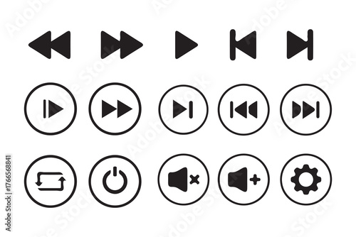 Black Multimedia Button Collection – Audio and Video Interface Elements with Volume and Settings