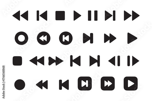 Black Media Player Icons Set – Play, Pause, Stop, Rewind, and Forward Buttons Collection