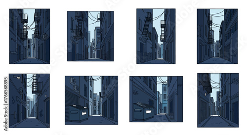 Narrow Urban Alleyway Between Tall Buildings.