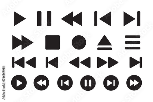 Black Media Player Icons Set – Play, Pause, Stop, Rewind, and Forward Buttons Collection