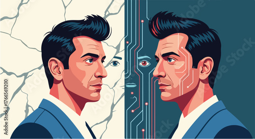 Hybrid Philosopher – Conceptual Vector Blending Ancient Wisdom with Modern Technology.