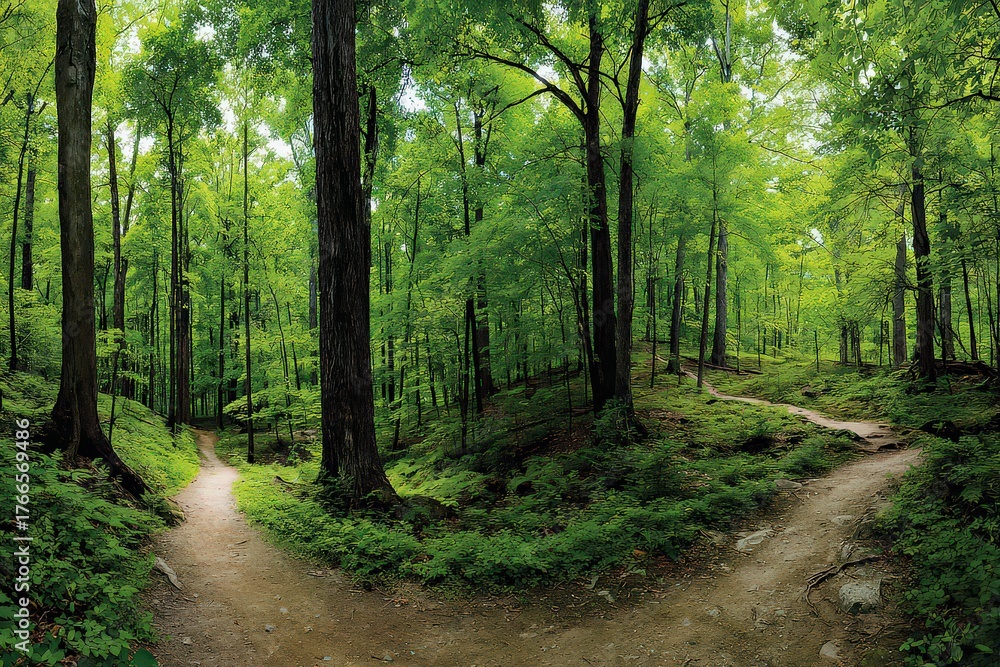 Fototapeta premium Verdant Forest Path Bifurcation with Sunlight Filtering Through Green Canopy in Daytime Scenery