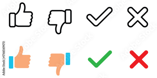 Thumb up, down, tick, and cross icon vector. approval, rejection, and decision making symbol. vector illustration.