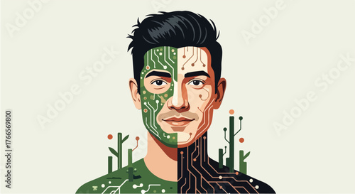 Neo-Humanist – Conceptual Vector Symbolizing Harmony Between Technology and Humanity.