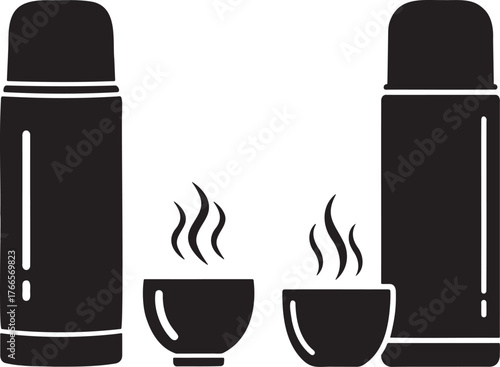 Two hot beverages and thermos flasks silhouette