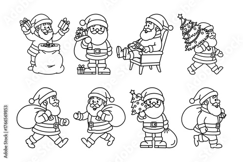 Collection of Santa Claus characters in line art style. Black and white Christmas icons perfect for coloring pages, patterns, and design elements.