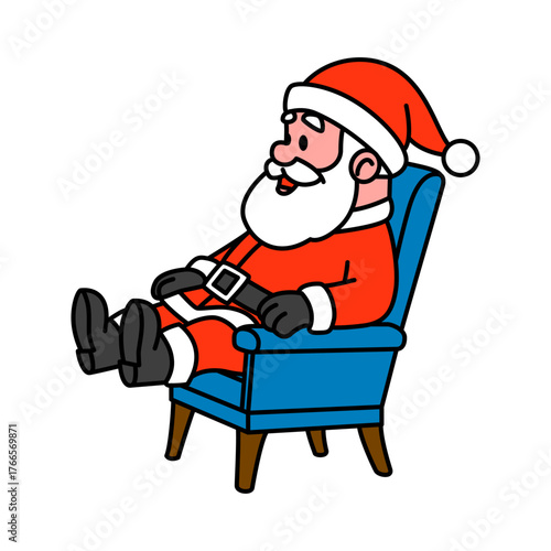 Cartoon Santa Claus resting in an armchair after delivering gifts. Funny Christmas character in cozy mood, perfect for holiday design and greeting cards.