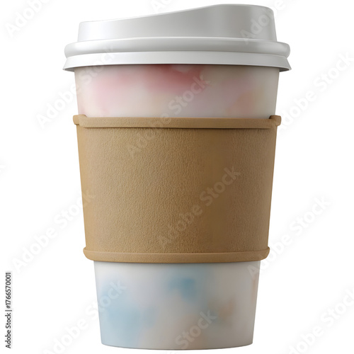 A disposable coffee cup with a watercolor pattern brown kraft sleeve and white lid on a plain background