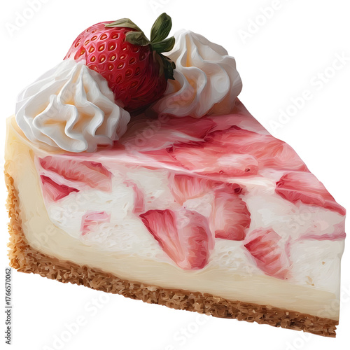 A vibrant slice of strawberry cheesecake with creamy swirl whipped cream and fresh berry topping on a graham cracker crust