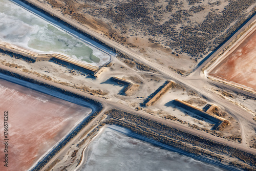 Aerial Mosaic Of Pipeline Network Feeding Lithium Ponds, Serpentine Pipes Over Levees, Meter Stations And Valves, Varied Brine Hues By Stage, Arid Sagebrush Fringe, Precision Engineering