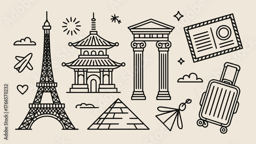 Embark on a global adventure with iconic landmarks, travel essentials, and dreams of distant destinations, inspiring wanderlust and exploration.