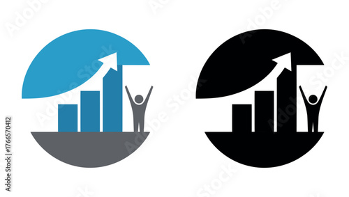 Two circular icons depicting a bar graph with an upward trending arrow and a silhouetted figure with arms raised in celebration of success.