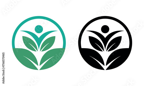 A stylized green and black icon depicting a person with outstretched arms and leaves at the bottom.