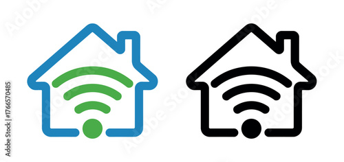 Two icons of a house with wifi signal symbols inside, one in blue and green, the other in black.