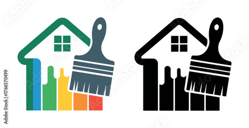 A stylized house with dripping paint and a paintbrush, presented in both color and silhouette.