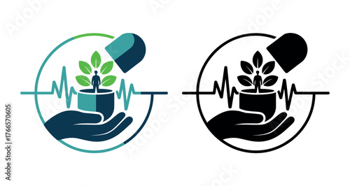 A medical logo combines a hand, a pill, a plant, and a heartbeat line.