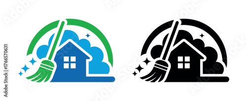 A house cleaning service logo features a broom, house, and sparkles, symbolizing cleanliness and order.