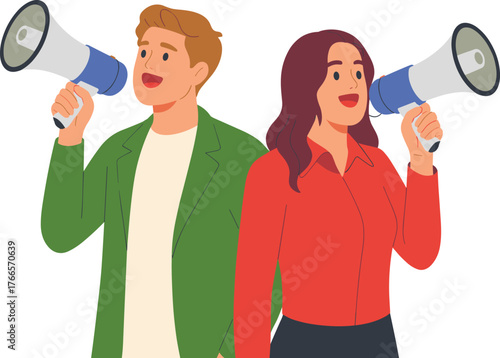 Cartoon people with megaphones, public speaking illustration, teamwork, communication, protest, announcement, leadership, advocacy, campaign, vector art, flat design