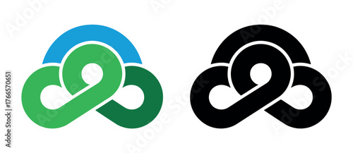 A stylized knot symbol is shown in both color and black and white.