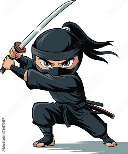 Cartoon ninja character, katana sword, dynamic pose, crouched stance, black outfit, martial arts, stealth warrior, intense expression, combat ready, illustration