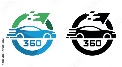 A car illustration within a circular arrow symbolizing 360 degree view or service.