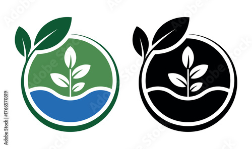 Circular icon depicting a green plant growing from water with leaves against a white background.