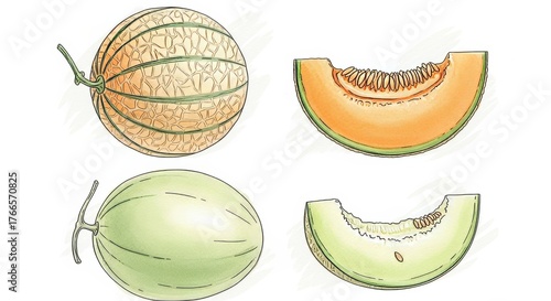 Hand drawn illustration of cantaloupe melon and honeydew melon whole and in sliced form. Fresh healthy fruit for diet, grocery, and recipe design.