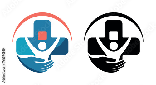 Two medical cross logos with a human figure and supporting hands, one in color and one in black and white.